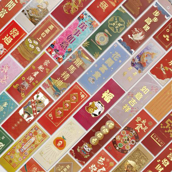 Spring couplets are traditional decorations for the Lunar New Year, often featuring Chinese calligraphy with phrases like "Prosperity All the Way." In Hong Kong, we have our own printing factory that customizes New Year spring couplets.